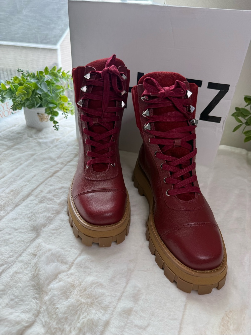 NWT - SCHUTZ Burgundy Lace-Up Combat Boots with Tan Lug Sole - Size 7 & 8